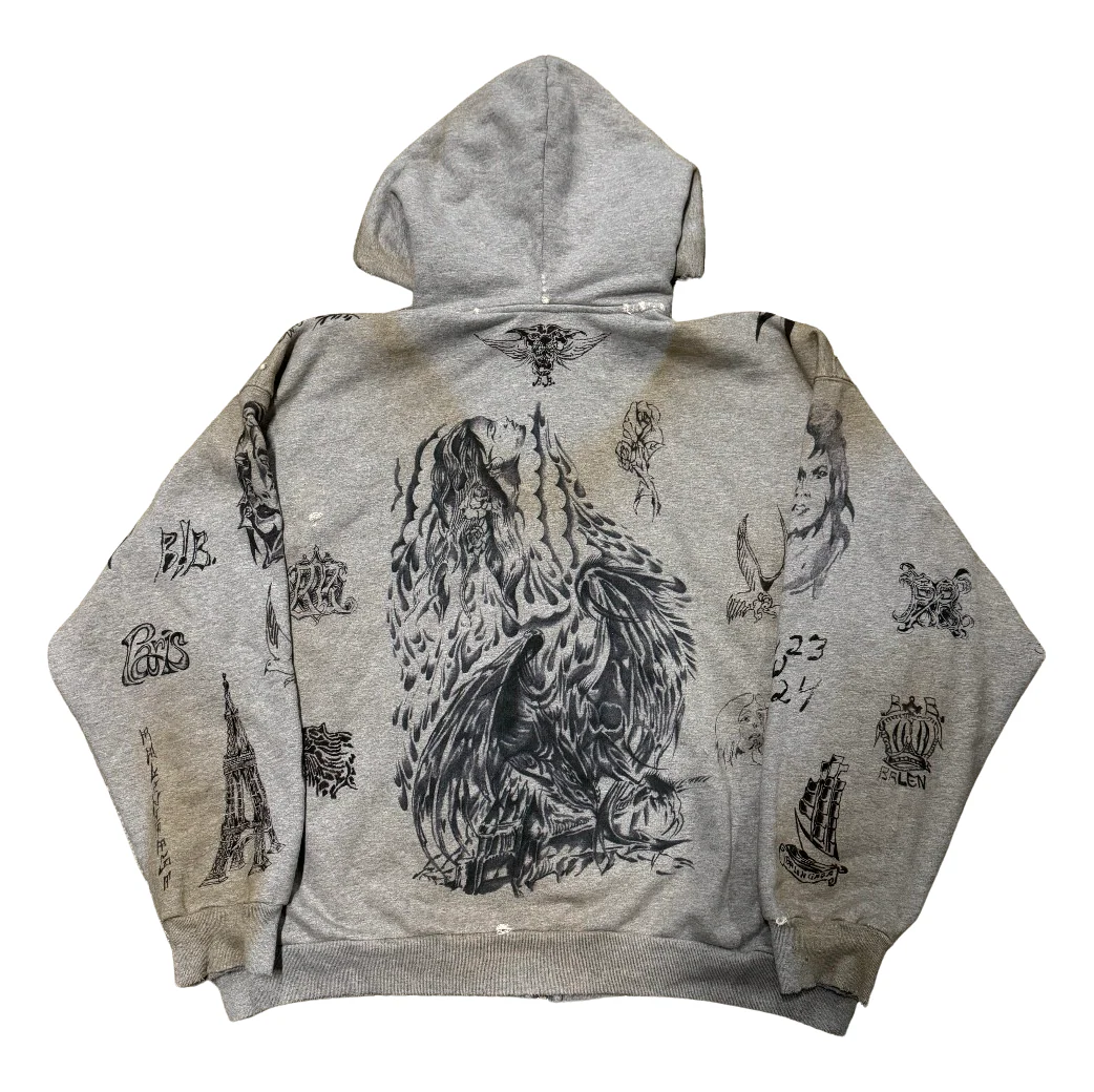 Balenciaga 'Tattoo' Grey Zip Up Hoodie - Image 2