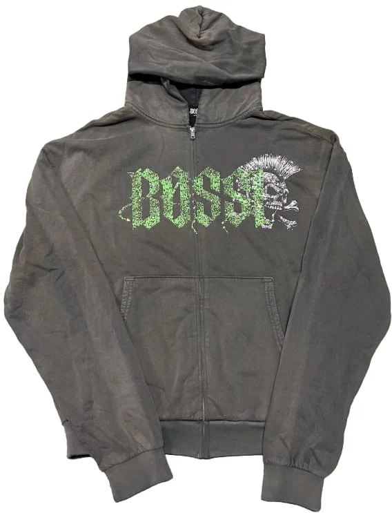 Bossi 'Green/White Mohawk Skull' Rhinestone Zip-Up Hoodie