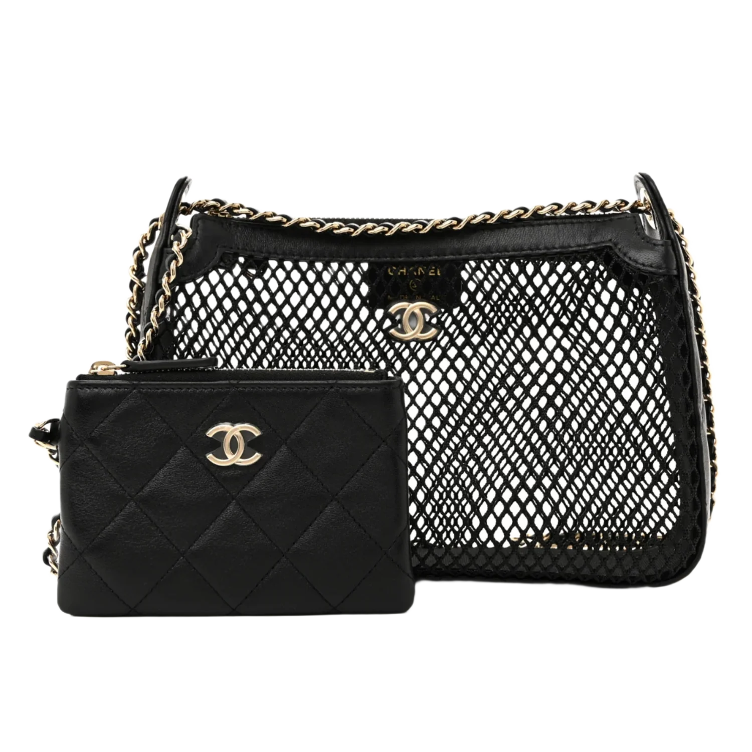 Chanel 25S Mesh Shiny Lambskin Black Clutch With Chain and Wallet