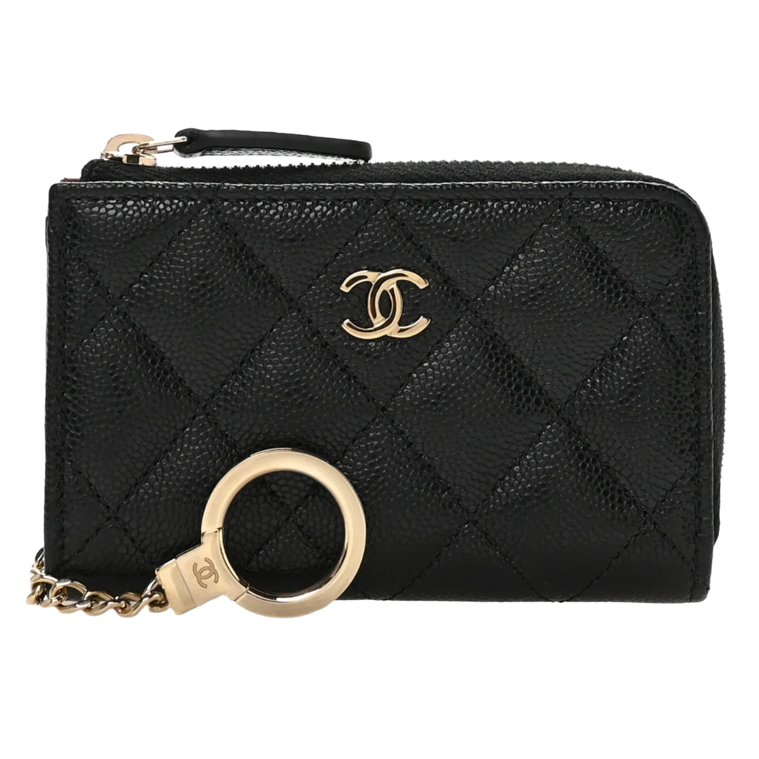 Chanel 26S 'Quilted Caviar Leather' Zipped Cardholder Keychain