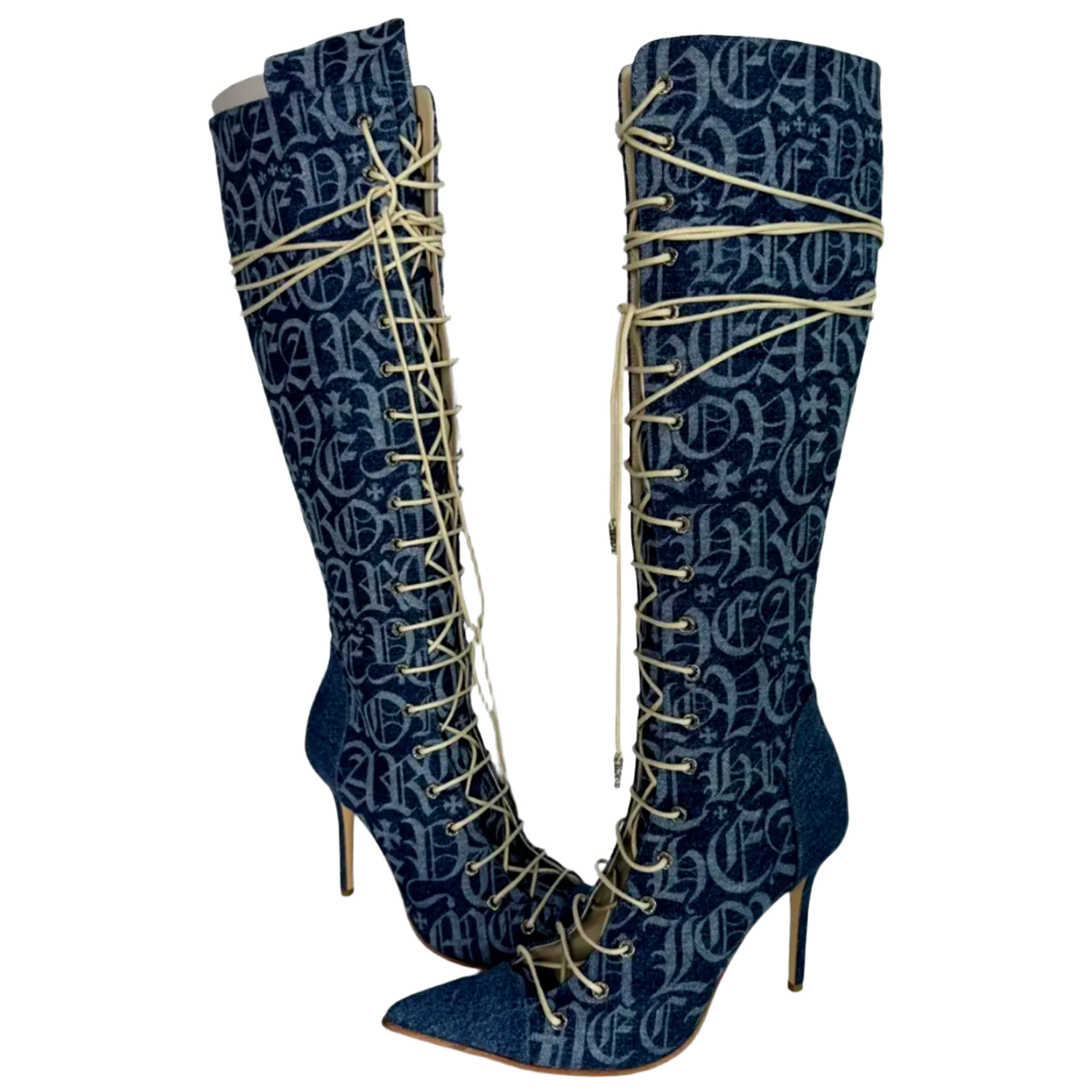 Chrome Hearts 'Denim Monogram' Lace Up Knee Boots - Image 3