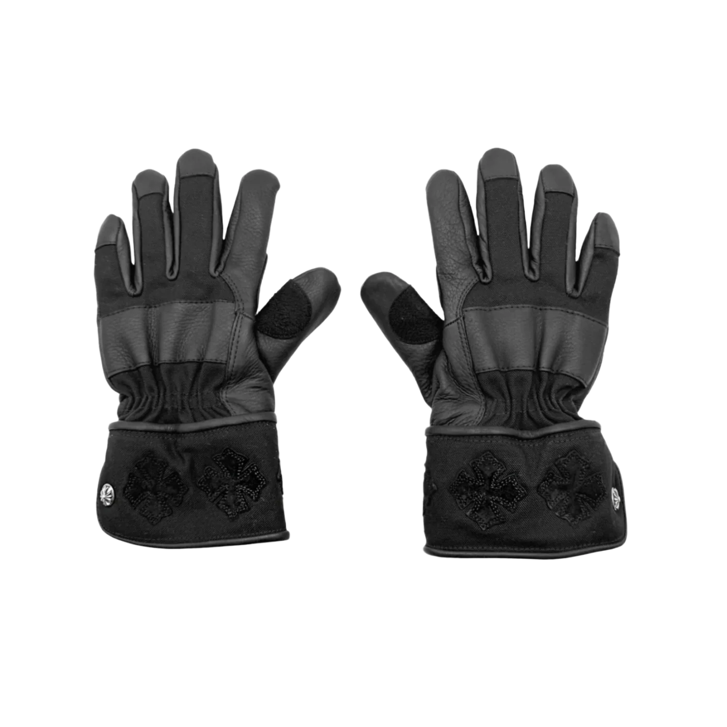 Chrome Hearts 'Silver Button Suede Leather Cross' Motorcycle Gloves - Image 2