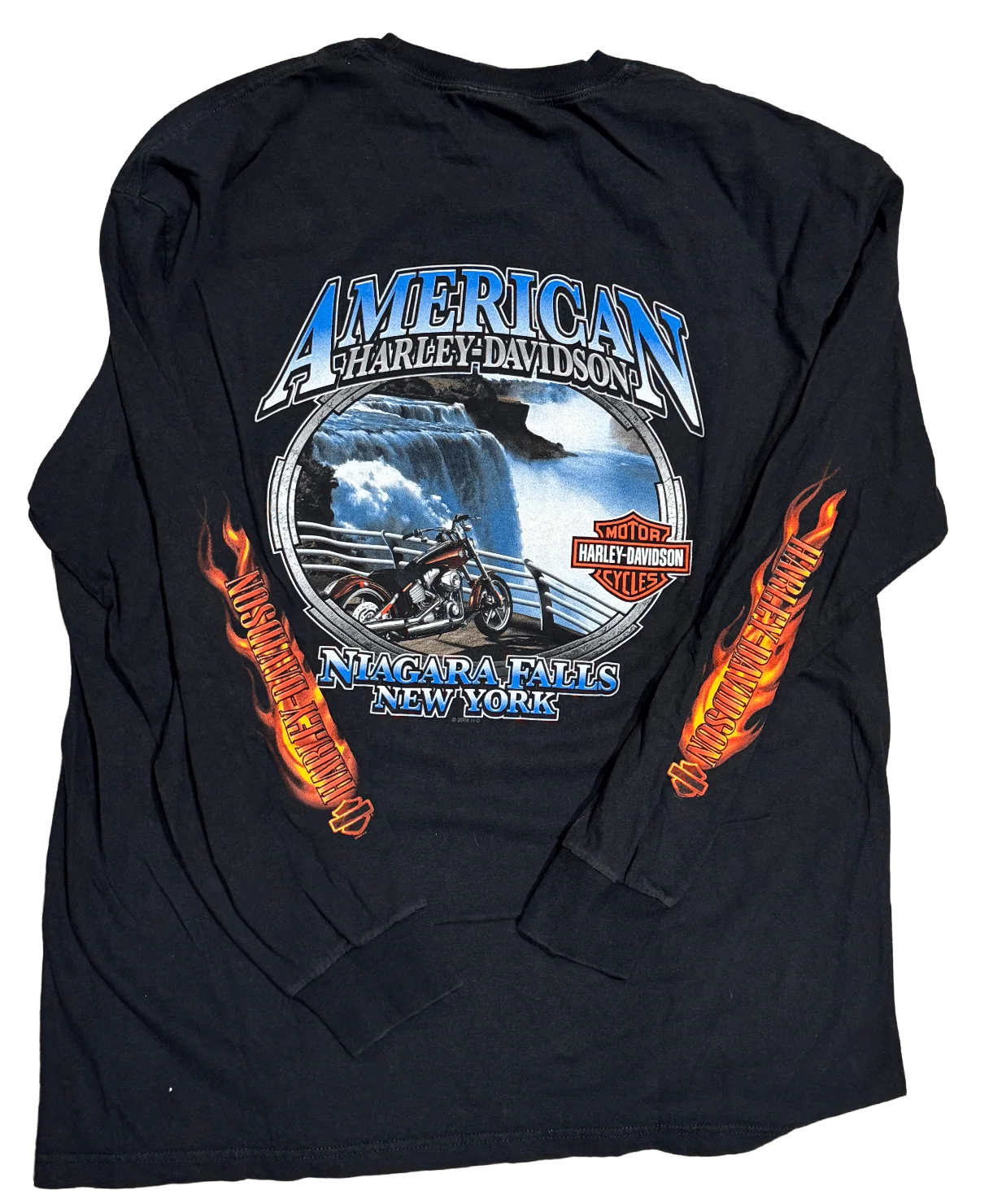 Harley Davidson 'Forged in Steel Niagara Falls NY' Vintage Longsleeve Black Tee - Image 2