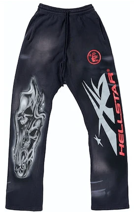 Hellstar Airbrushed Skull Flare Bottom Sweatpants Midnight Dye Black