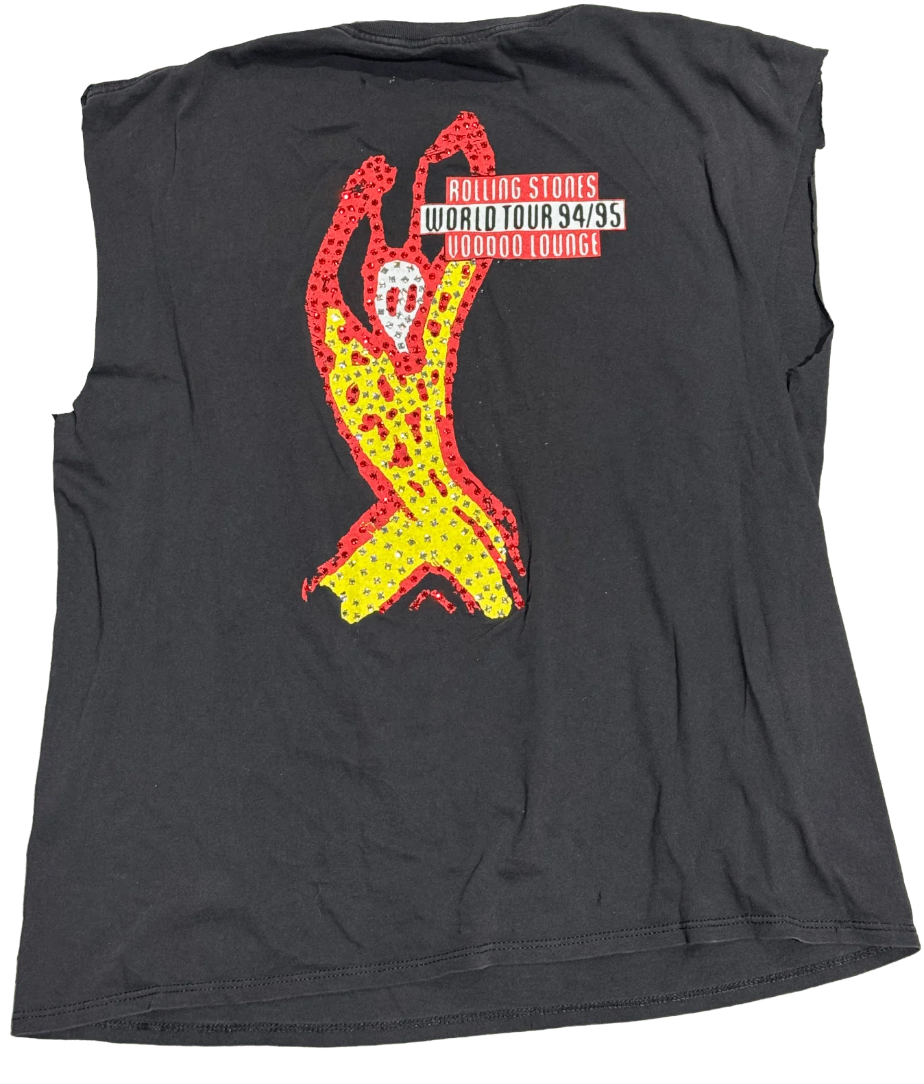 Rolling Stones 'World Tour Voodo Lounge' Rhinestone Vintage Cut Off Black Tee - Image 2