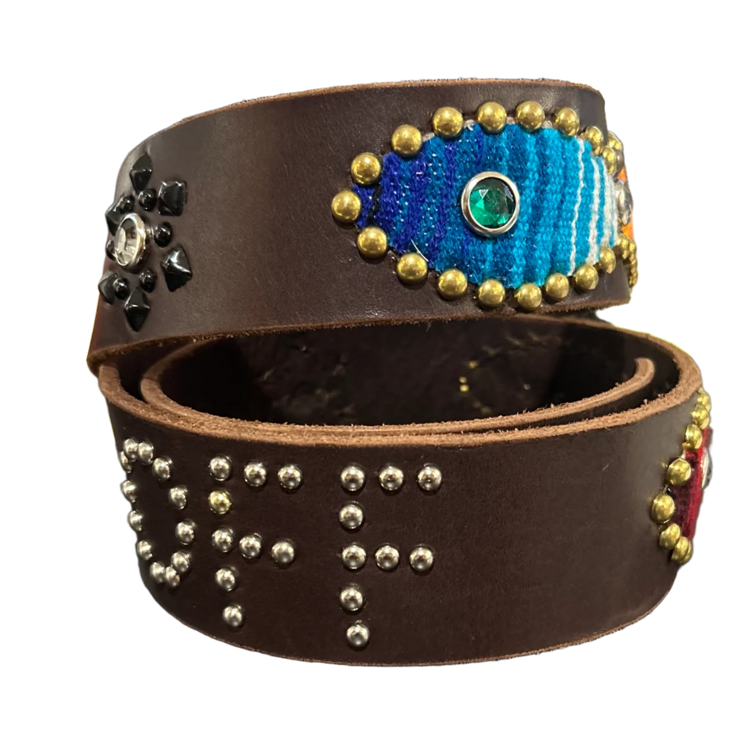 Studded 'Blanket Pattern Green/White Gem' Brown Fuck Off Leather Belt