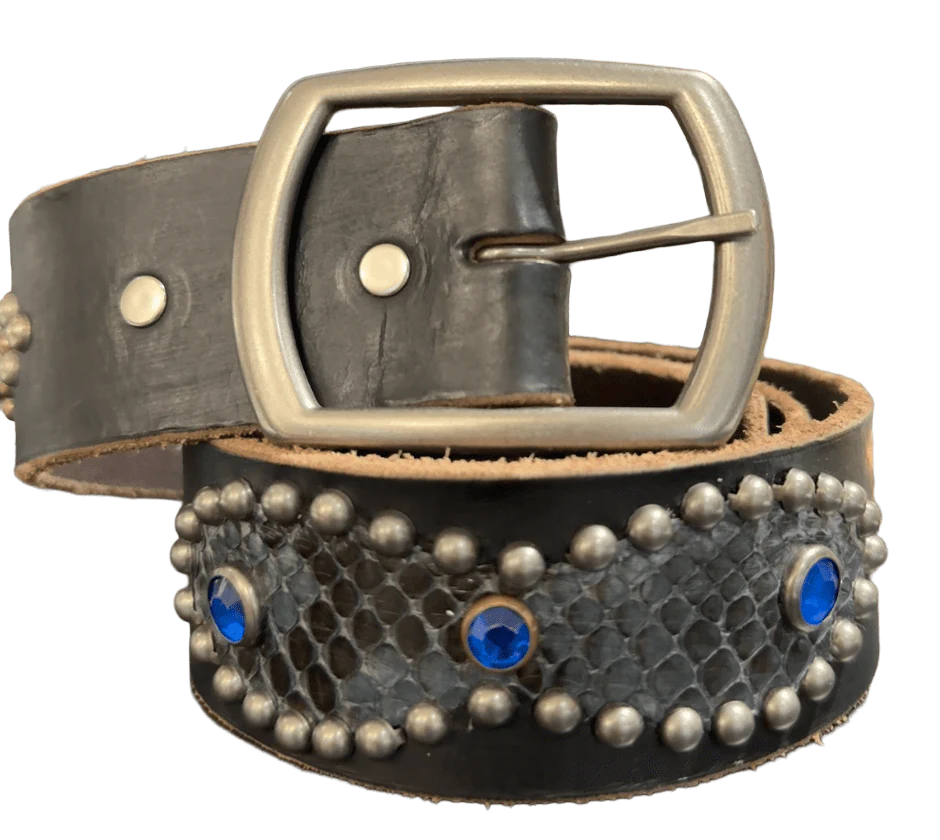 Studded 'Blue Snakeskin Gem' Black Belt