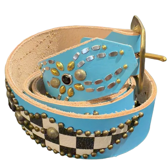 Studded 'Checkered Leather/Spider Gem' Baby Blue Belt