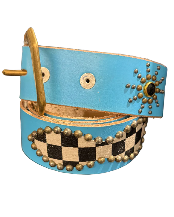 Studded 'Checkered Leather/ Sun Gem' Blue Belt