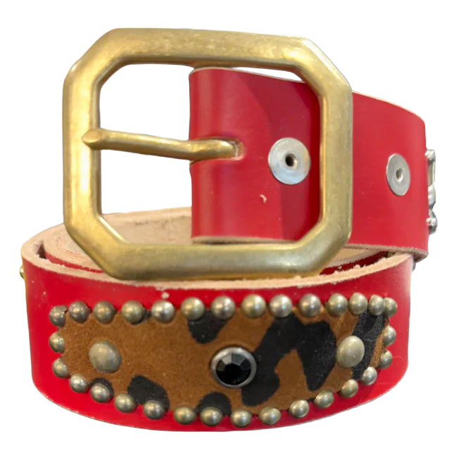 Studded 'Cheetah Fur/ Skull' Red Belt