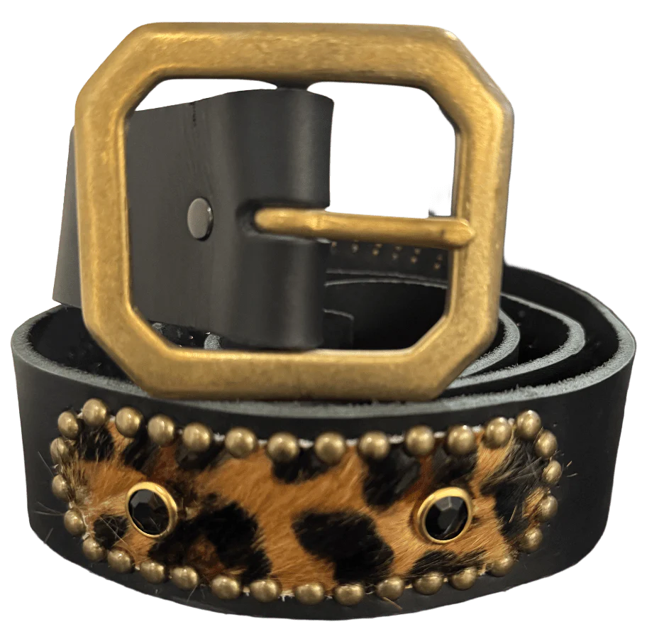 Studded 'Cheetah Hair' Sun Gem Black Leather Belt