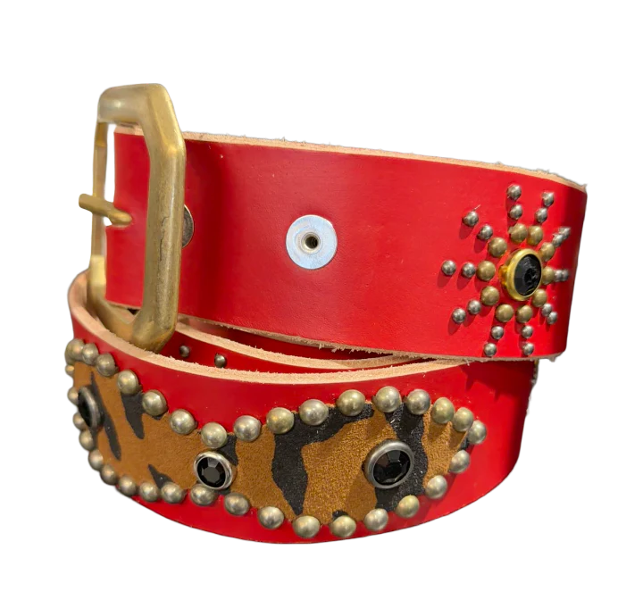 Studded 'Cheetah Leather/Sun Gem' Red Belt