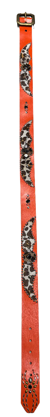 Studded 'Cow Hair Print' SPider Gem Orange Leather Belt - Image 2