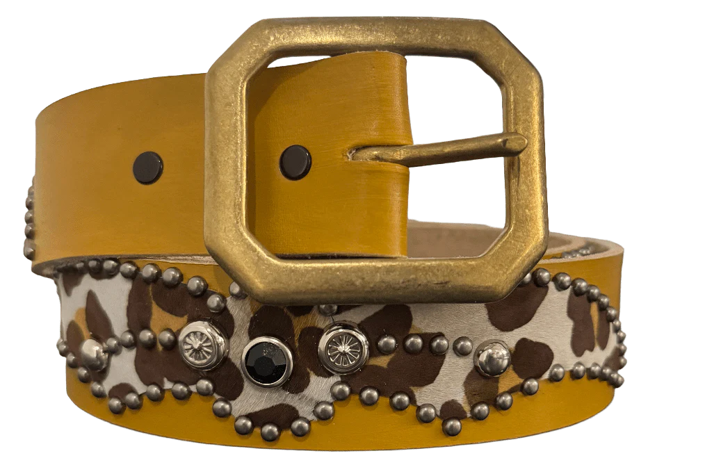 Studded 'Cow Print Felt' Spider Gem Mustard Leather Belt