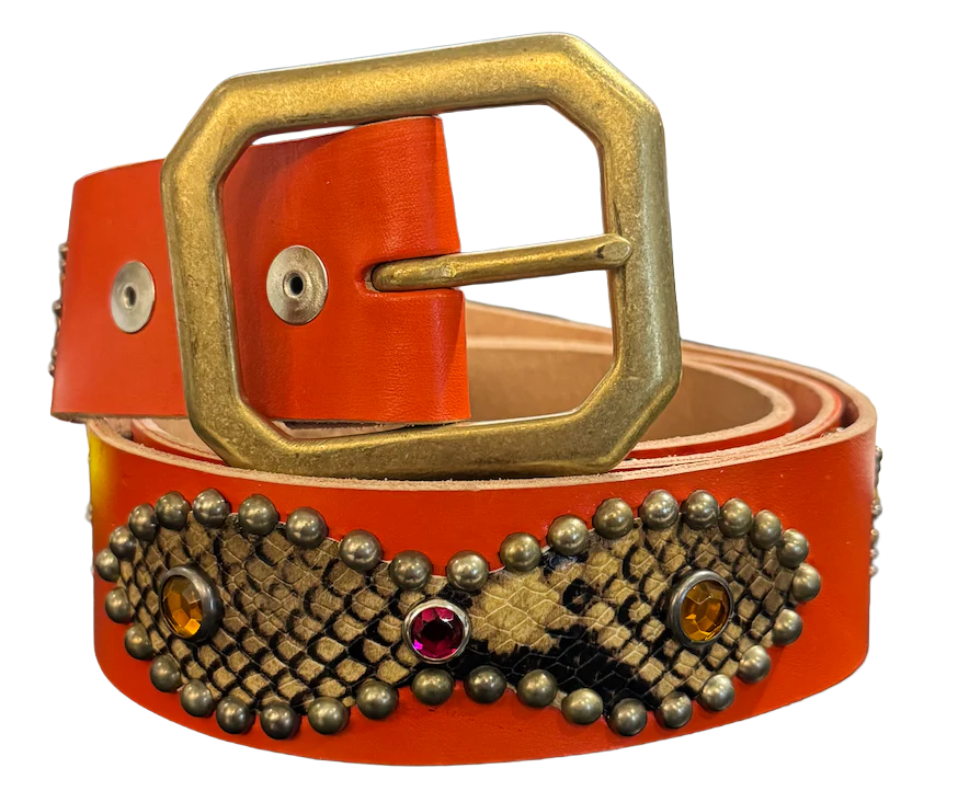Studded 'Light Brown Snakeskin/ Sun Gem' Orange Belt