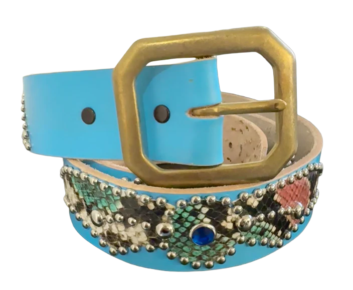 Studded 'Multi Color Snakeskin Spider Gem' Baby Blue Belt