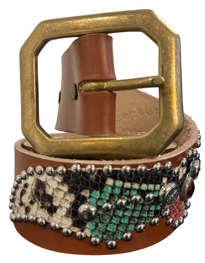 Studded 'Multi Color Snakeskin' Spider Gem Brown Leather Belt