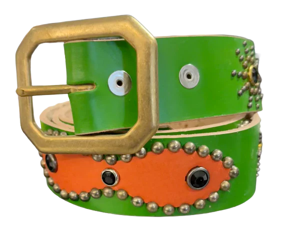 Studded 'Peach Leather/ Black Gem Sun' Green Belt