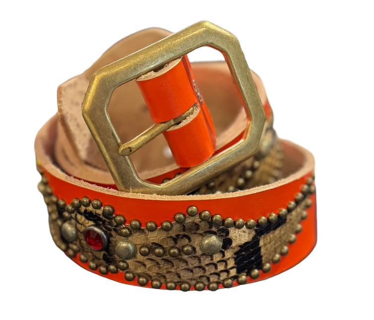 Studded 'Red Gem/ Snakeskin Black Brown' Orange Belt