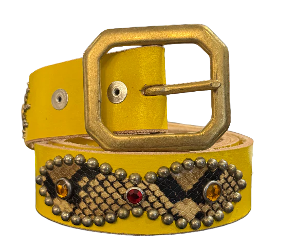 Studded 'Snakeskin Brown Black/ Red Sun Gem' Yellow Belt