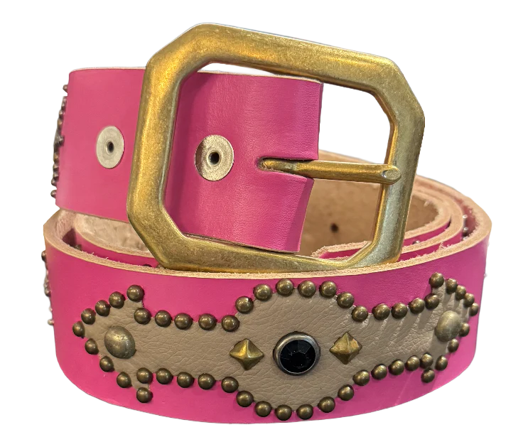 Studded 'Tan Leather Arrow Red Gem Sun' Pink Belt