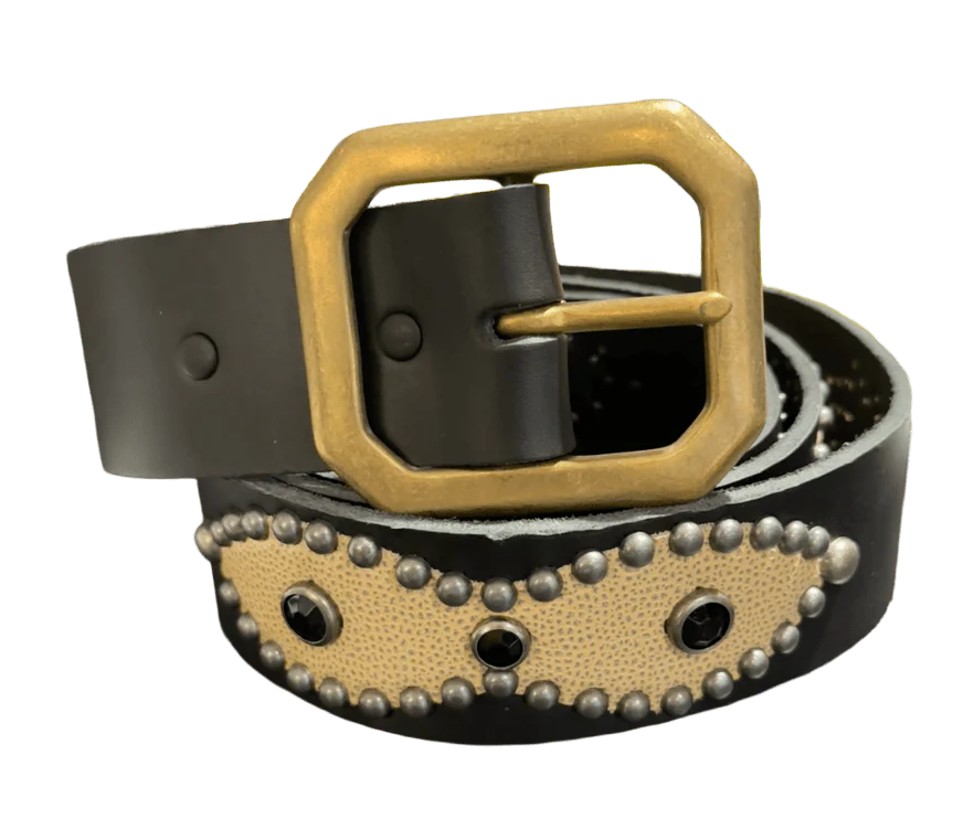 Studded 'Tan Snakeskin/ Sun Gem' Black Belt